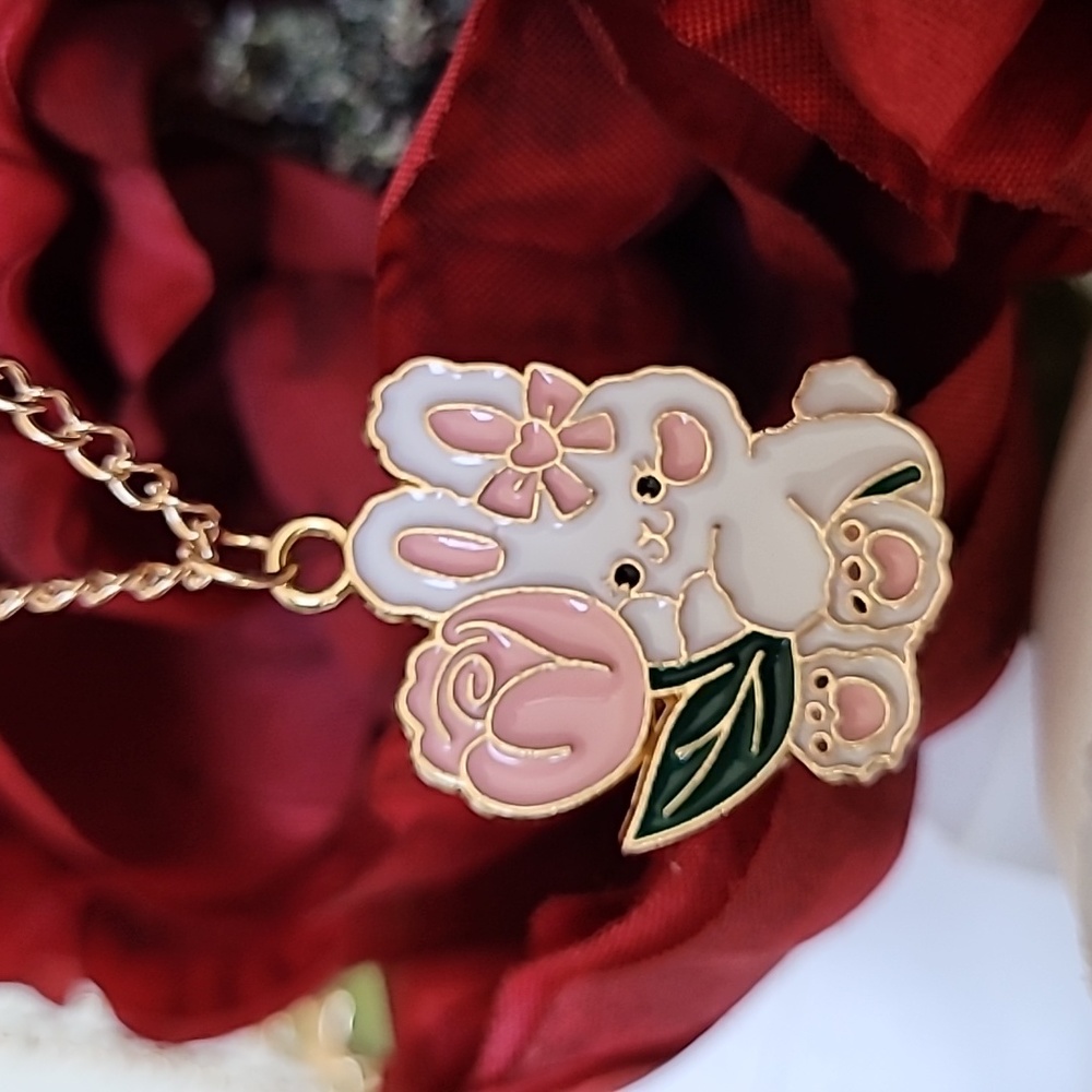 Bunny Rabbit Pink Rose Pendant Necklace